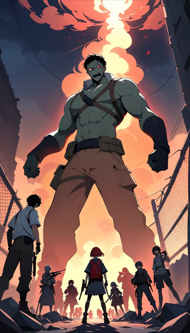 Anime students facing a zombie apocalypse in ruined city streets