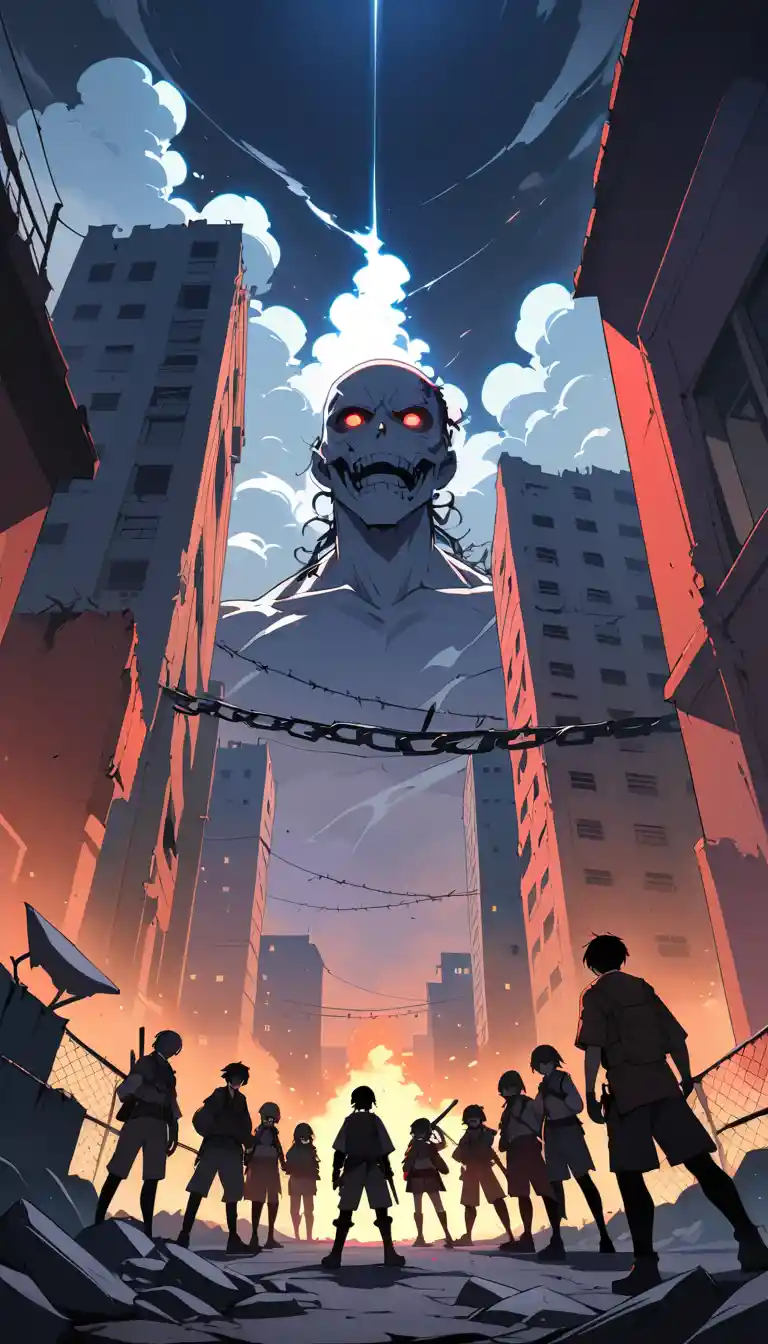 Anime students fighting zombies in ruined urban schoolyard