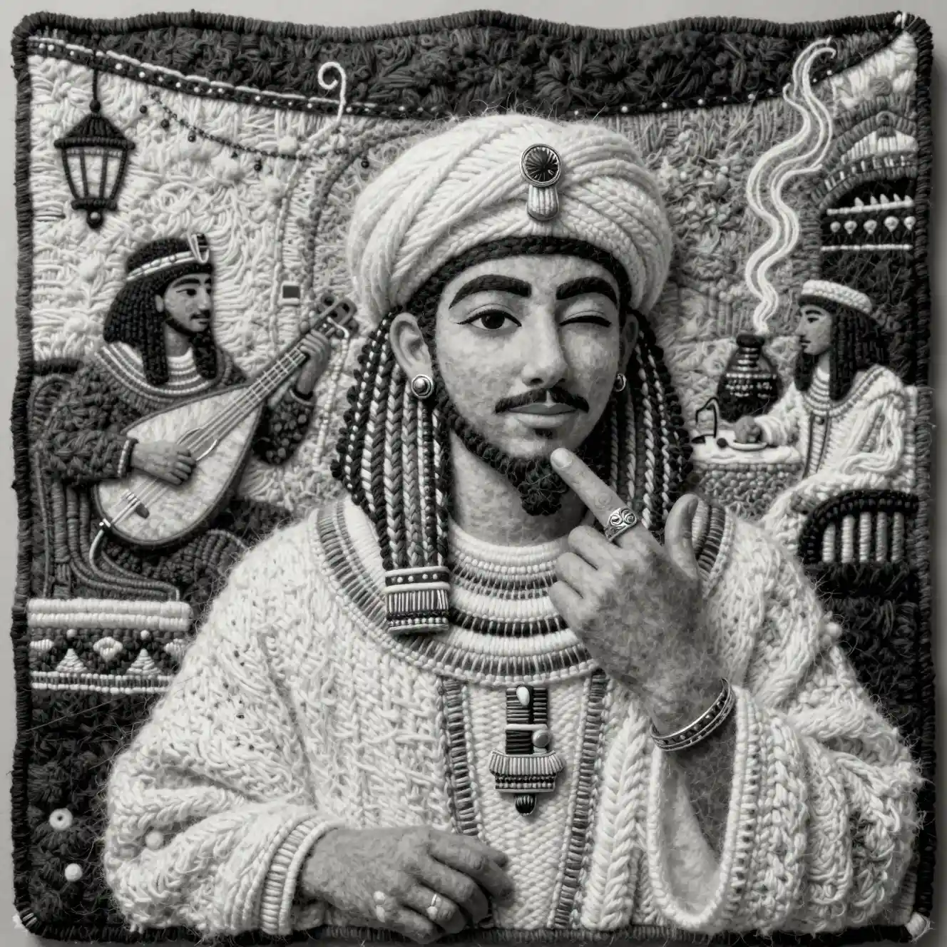 Textile portrait of an Egyptian man in a traditional cafe
