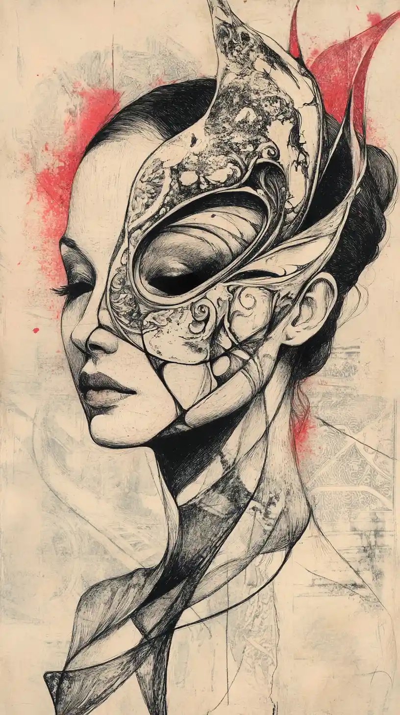 Surreal portrait of a woman with abstract ornamental mask