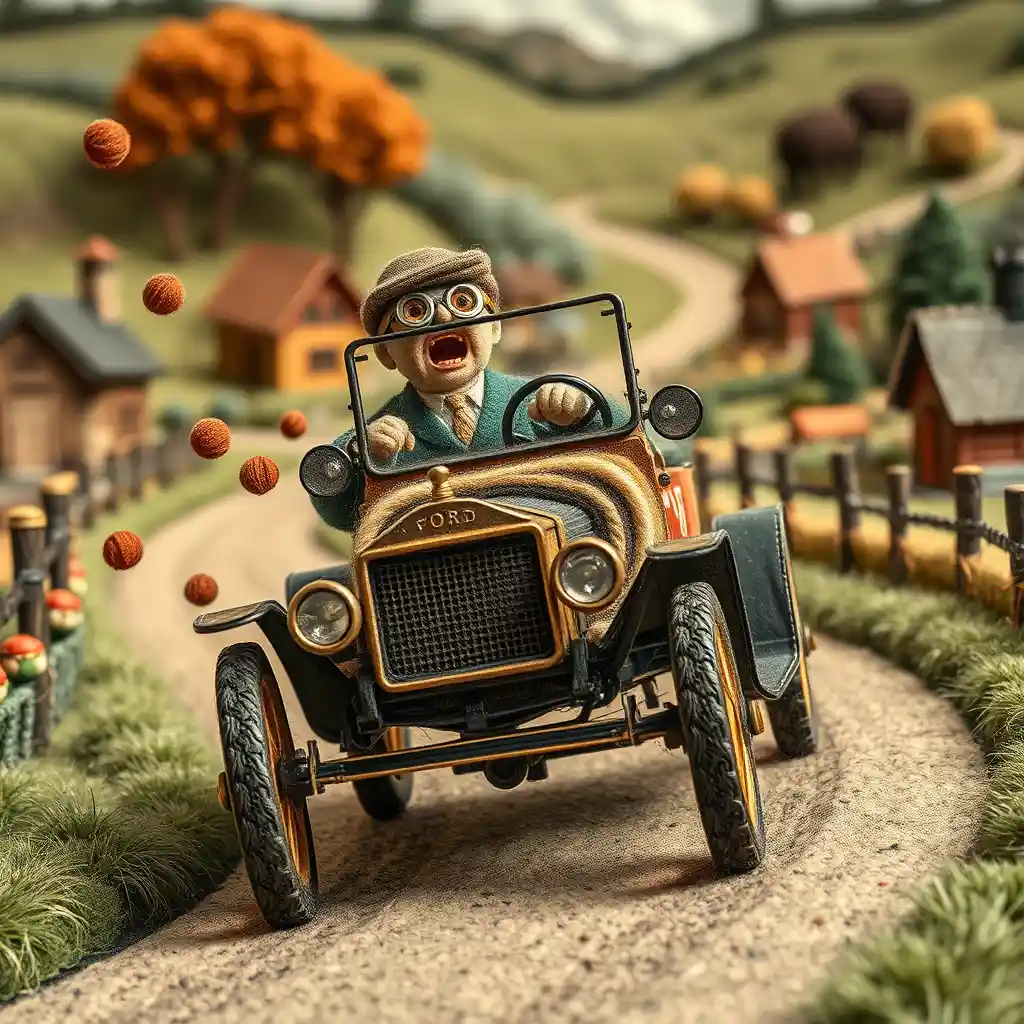 Woolen vintage car racing through a quaint country village