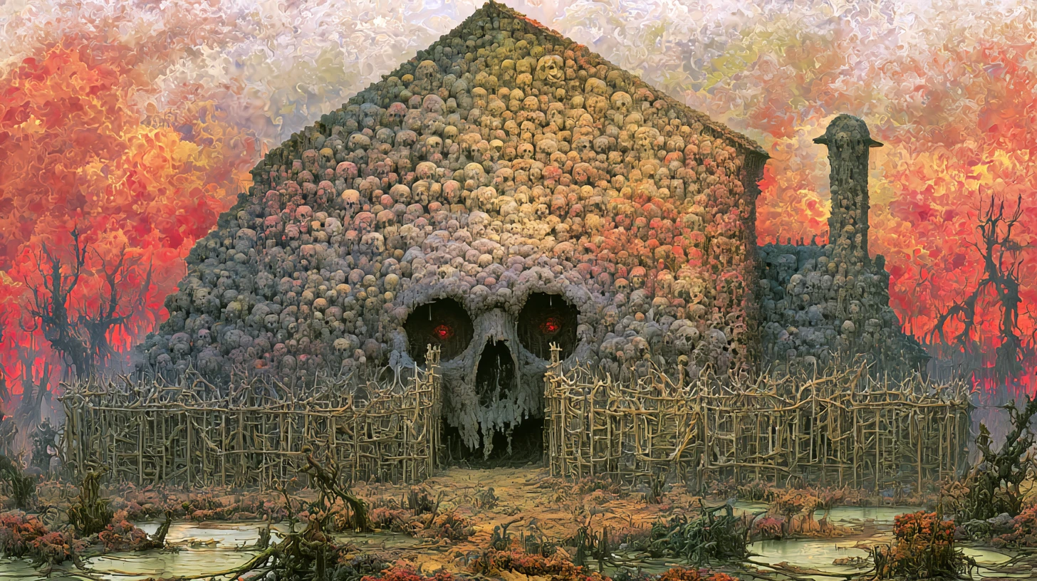 Surreal haunted skull mansion in a nightmare forest