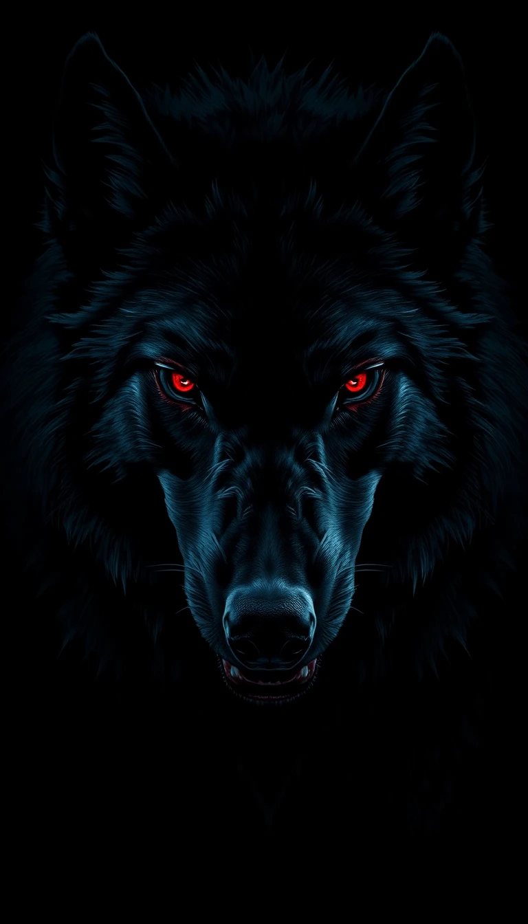 Huge black wolf with glowing red eyes in darkness