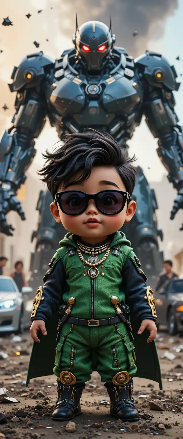 Super baby hero battling a colossal robot in the city