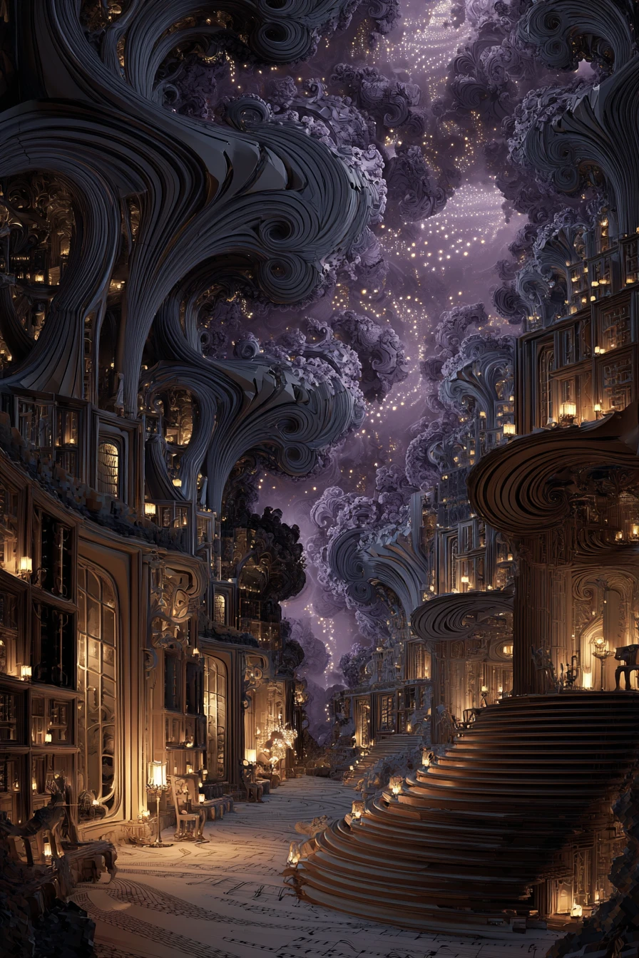 Fantasy house of fractal shapes in a dreamy musical world
