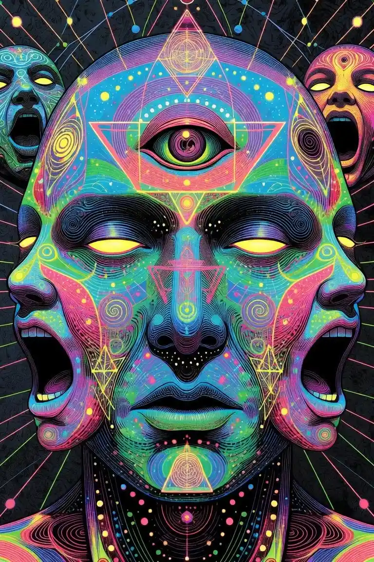 Trippy multi faced human figure with neon fractal geometry
