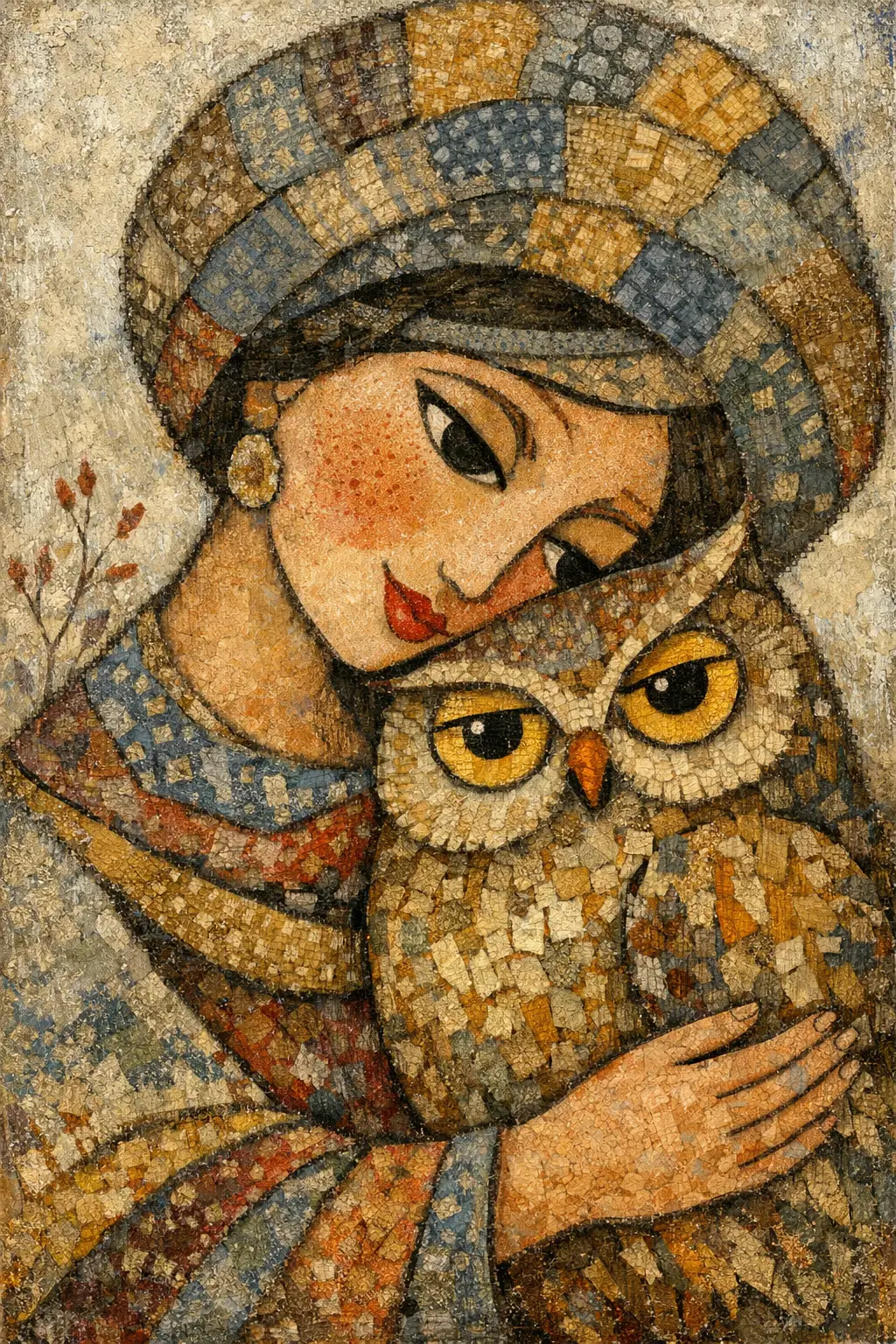 Mixed media woman embracing an owl in gentle harmony