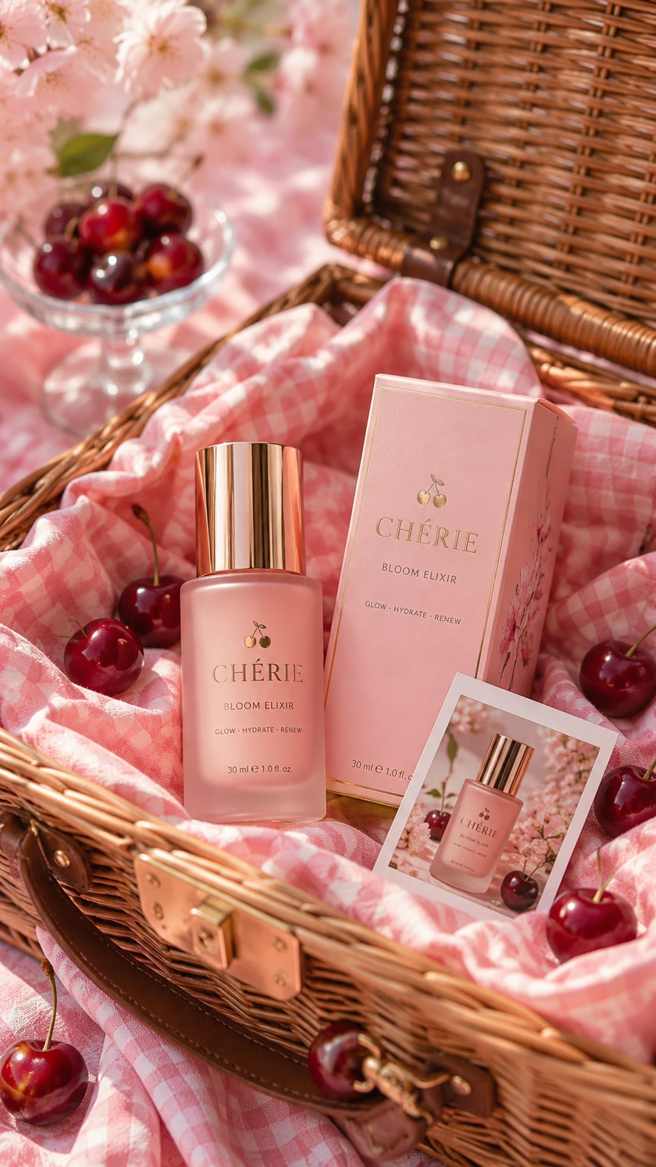 Scène romantique de panier de pique-nique avec produit cosmétique élégant