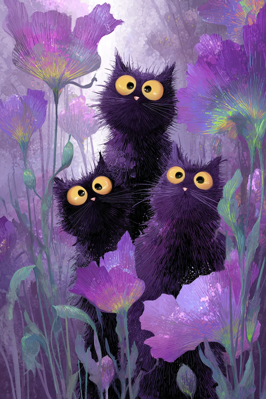 Gatos morados fantasiosos escondidos entre flores brillantes