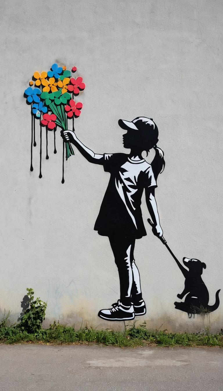 Street art silhouettes of children facing each other on concrete wall