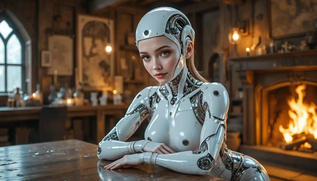 Biomechanical cyborg woman by a warm fantasy guild hearth