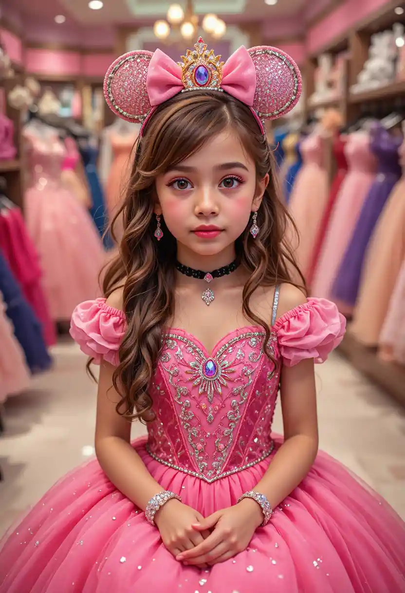 Young princess in pink dress inside a Disney shop