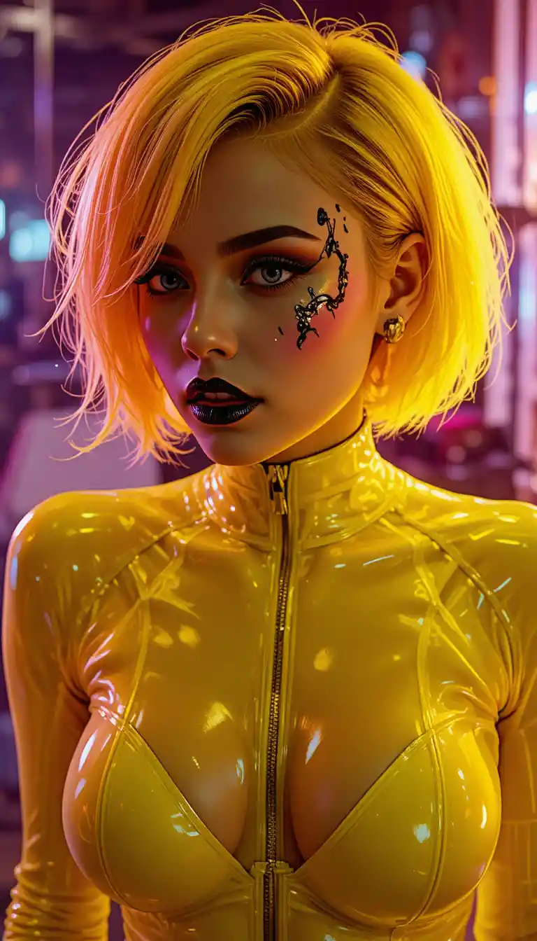 Futuristic blonde woman in neon yellow latex suit