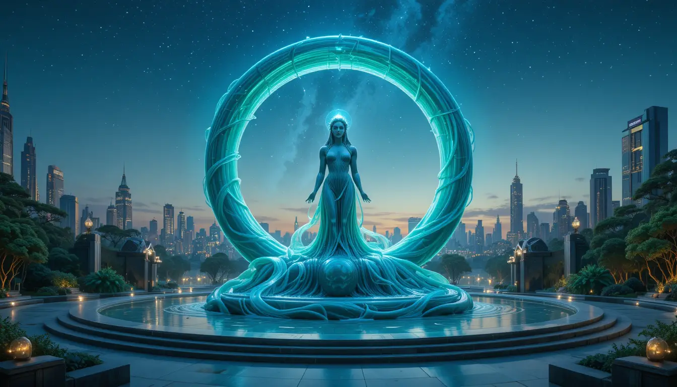 Statue monumentale de déesse en latex au‑dessus d’une place de ville futuriste