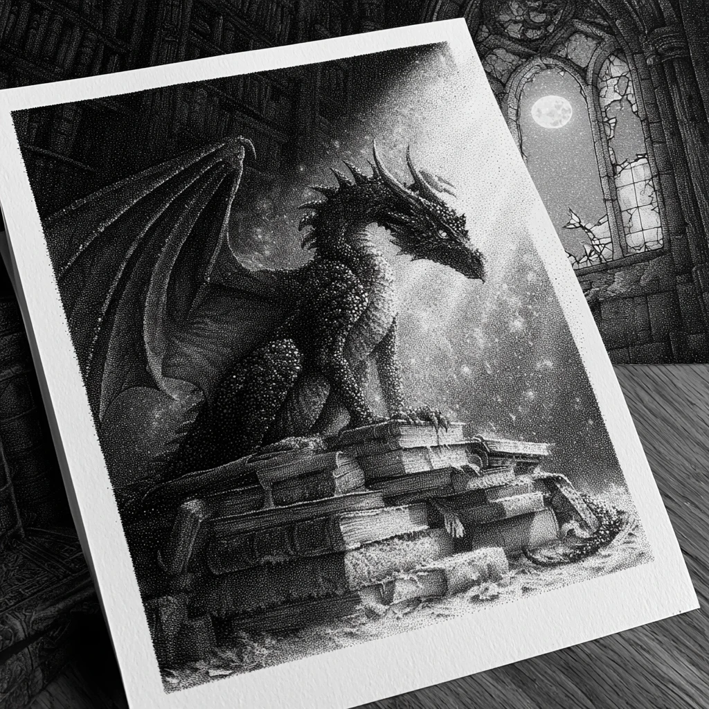 Majestic Ink Dragon On Ancient Books In Gothic Library