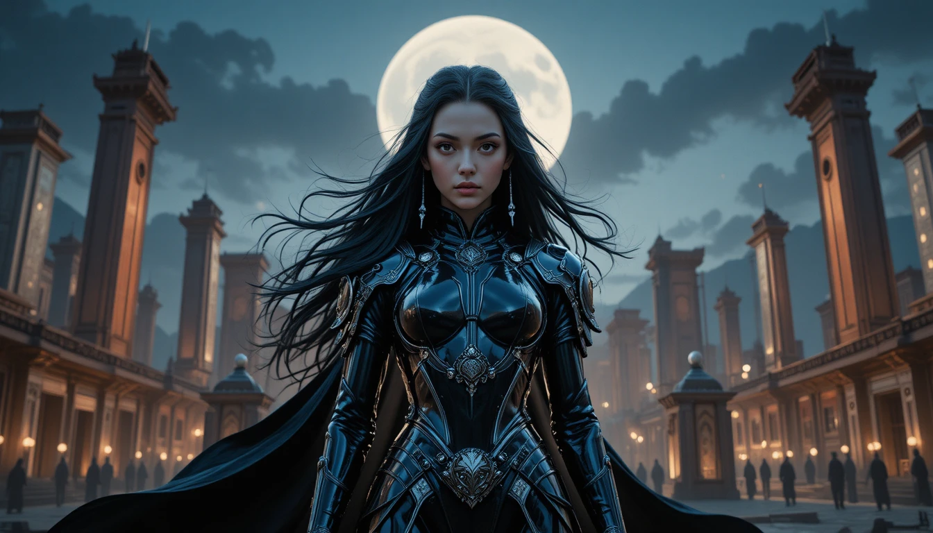 Elegant latex armored warrior woman on ceremonial plaza