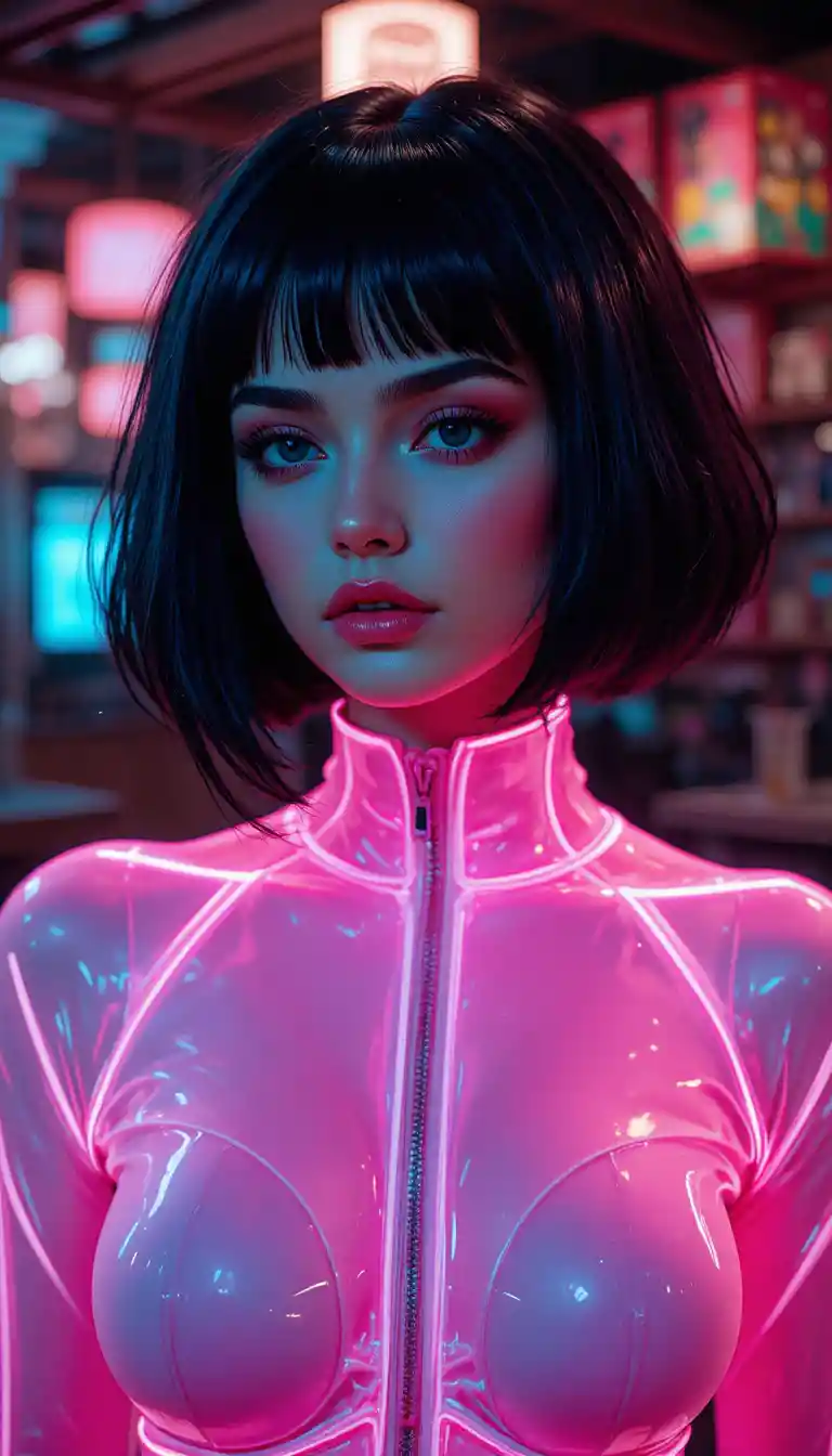 Futuristic woman in neon pink latex suit with black hair