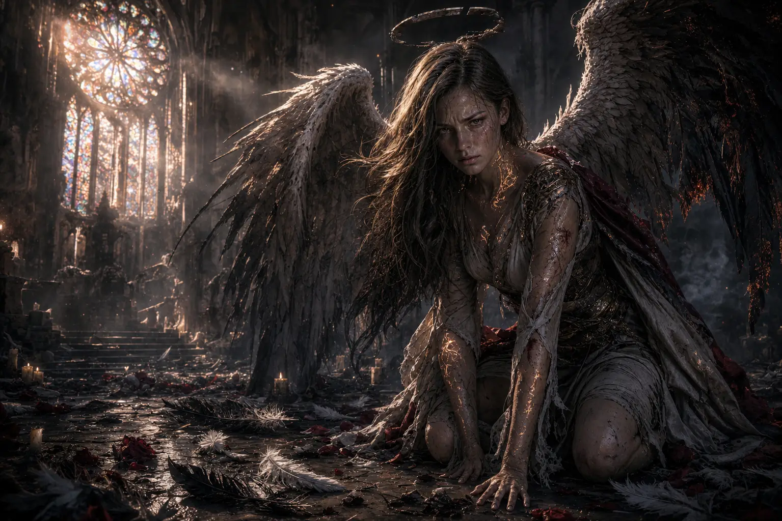 Fallen angel kneeling in ruined cathedral at twilight
