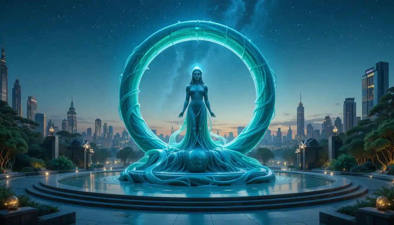 Monumental latex goddess statue above futuristic city plaza