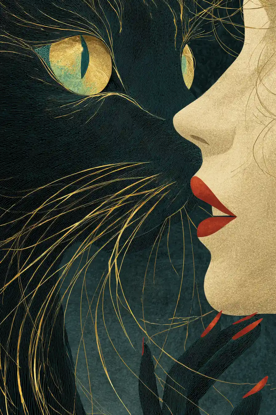 Black cat and woman silhouette with golden glowing lines