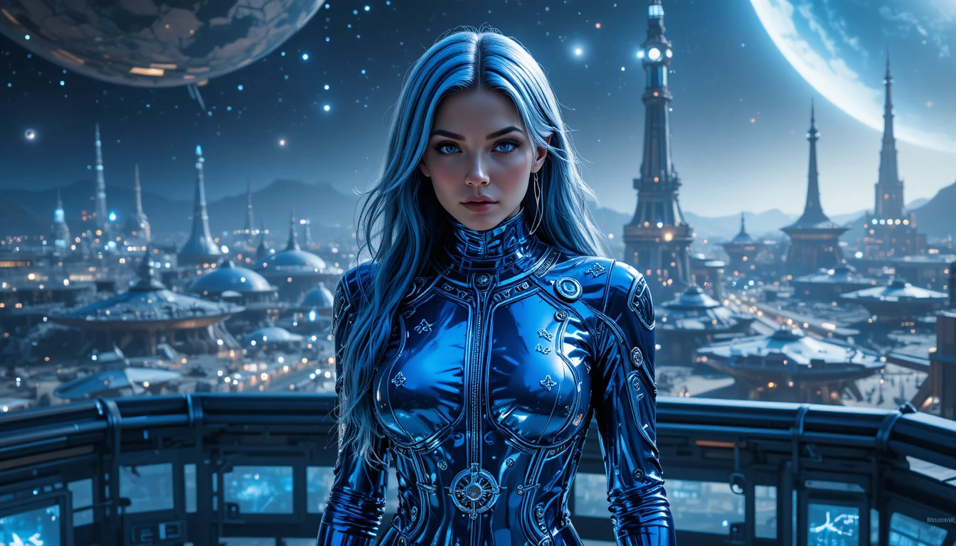 Confident female space explorer on starport observation deck