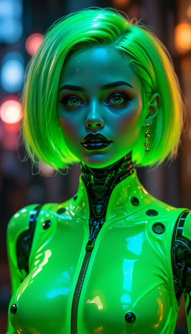 Futuristic robot woman in neon green latex suit
