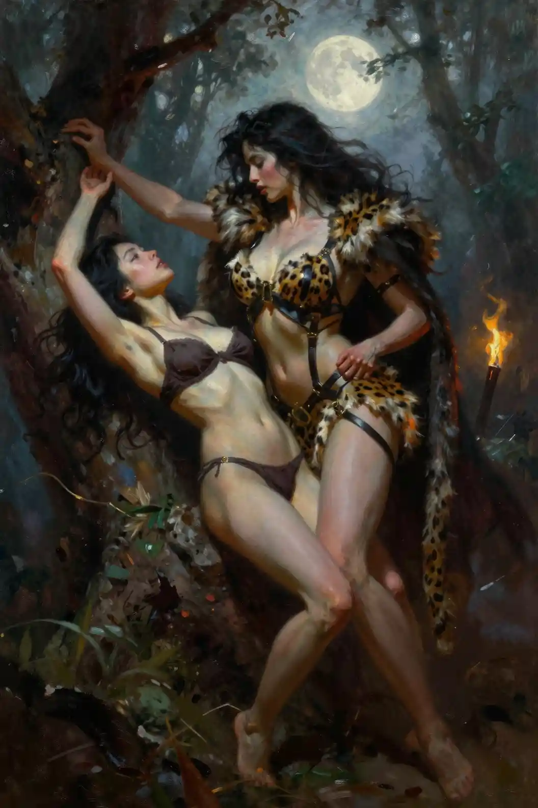 Sensual Huntress And Prey Embrace In Moonlit Ancient Forest