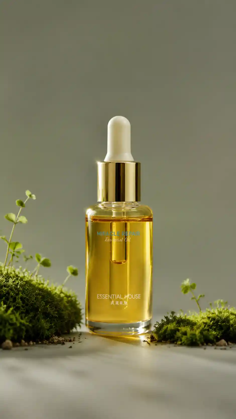 Close up natural skincare bottle with moss on gray tabletop