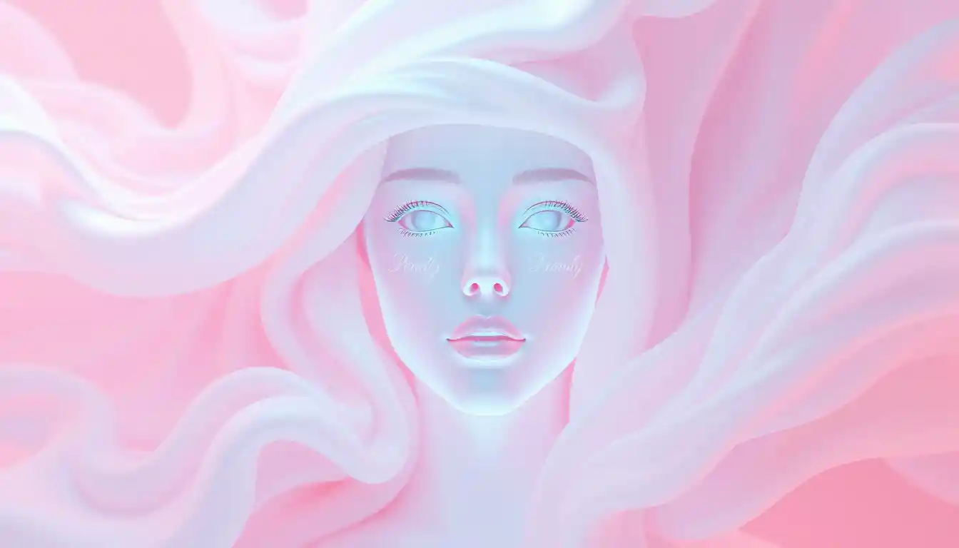 Soft female ai face emerging from pastel latex mist