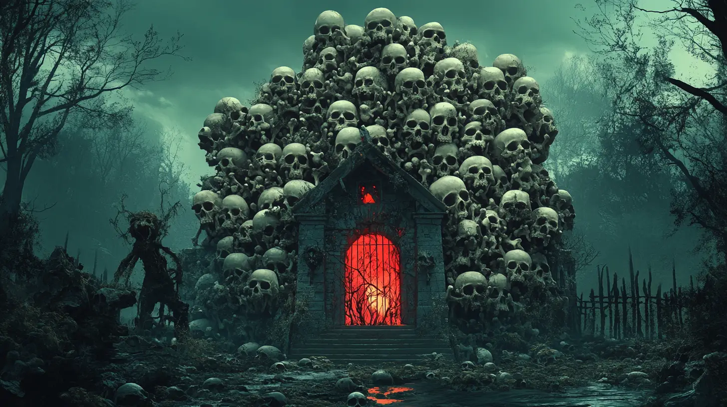 Haunted Skull Mansion With Gaping Maw Door In Dark Forest