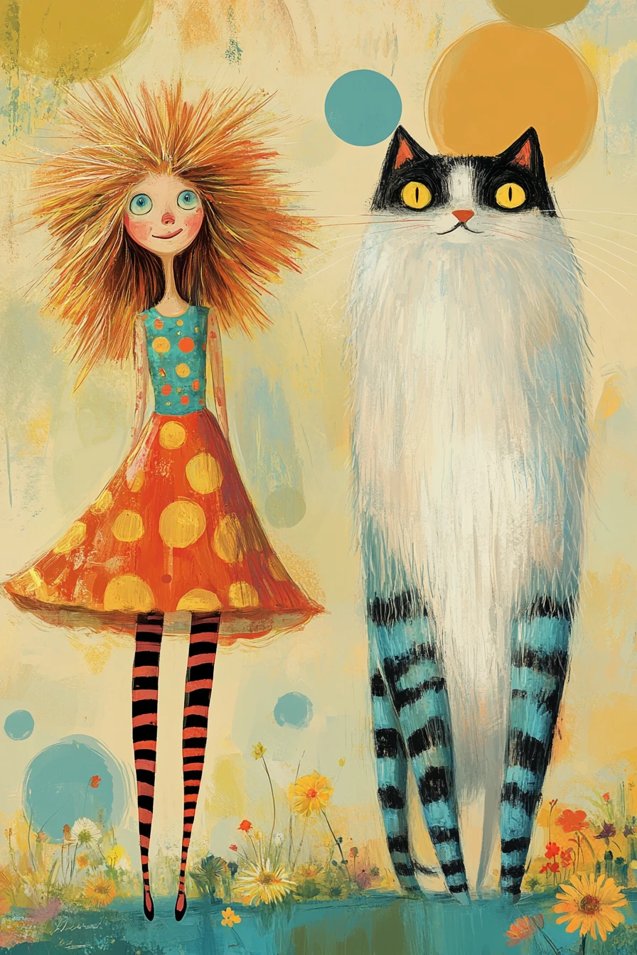 Whimsical woman with giant fluffy cat in bright illustration