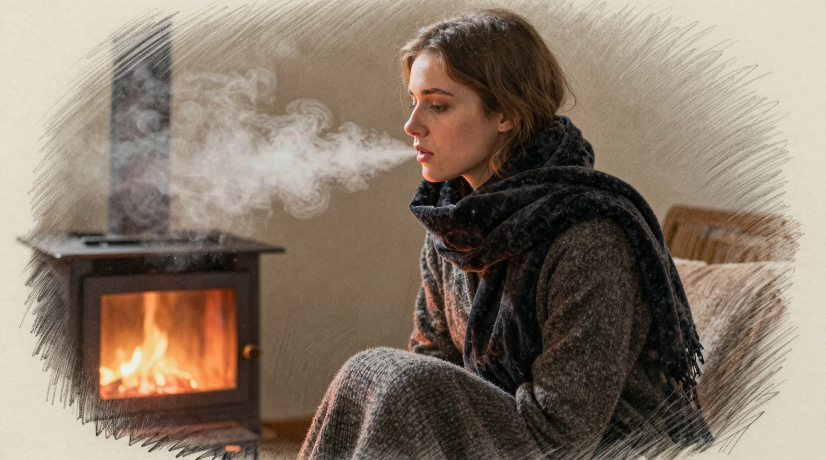 Giovane donna che espira un respiro nebbioso alla calda luce della stufa