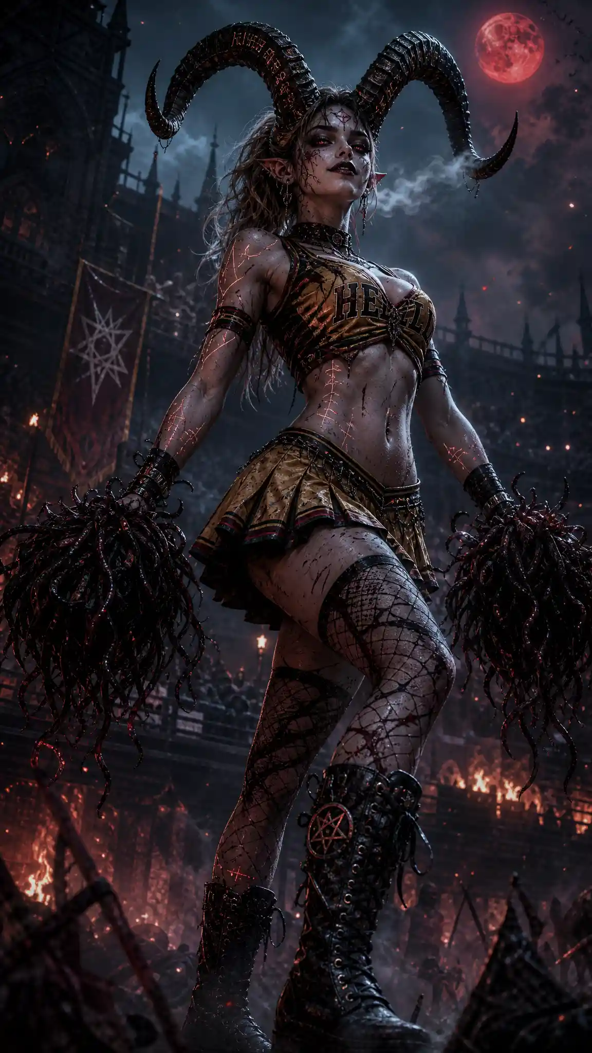 Demonic cheerleader with horns in a ruined gothic arena