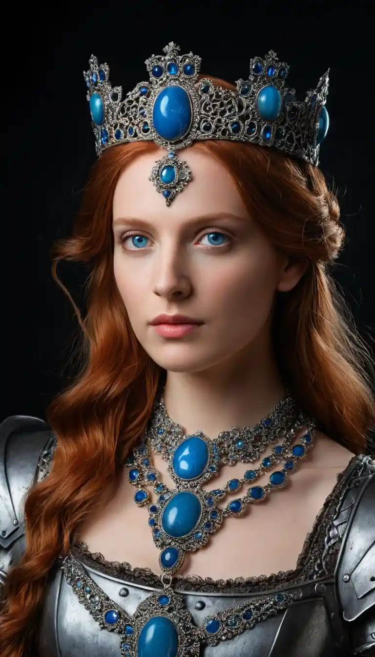 Seductive red haired fantasy woman in silver crown and armor