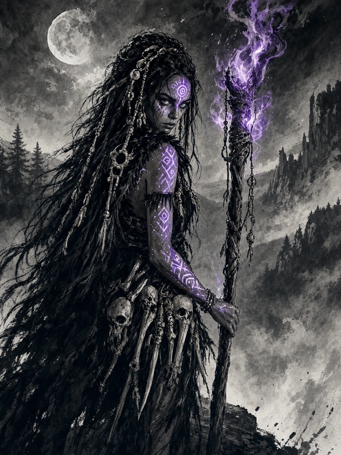 Hechicera de la Edad de Piedra en un acantilado brumoso a la luz de la luna