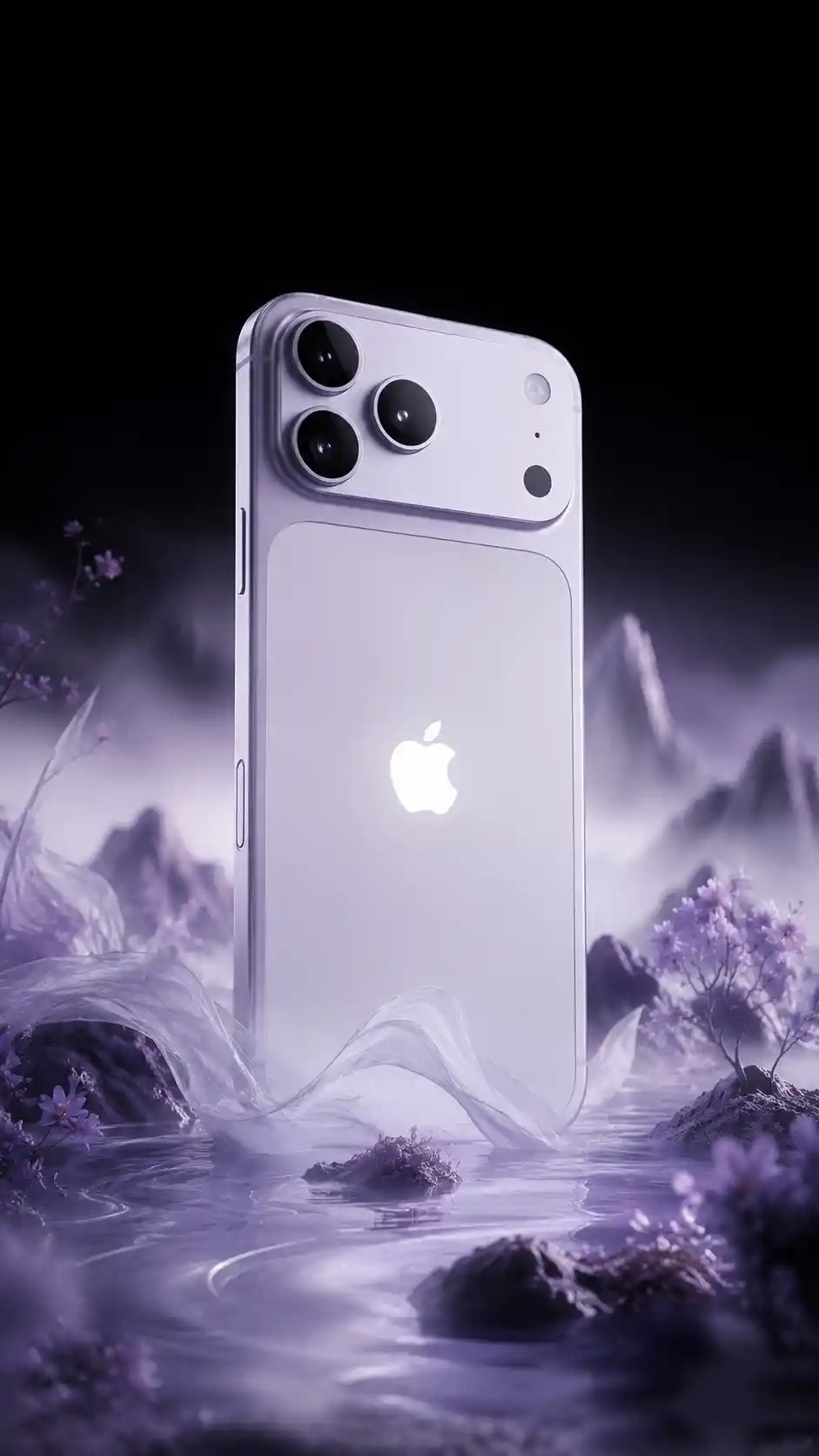 Flagship smartphone floating above hazy lavender flower hills