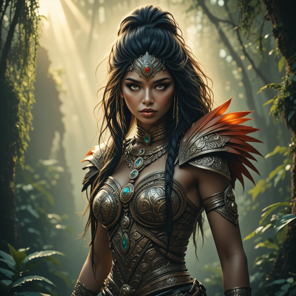 Amazon warrior goddess in glowing rainforest armor