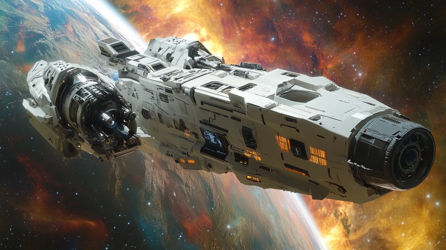 Massive white spaceship approaching a distant colorful planet