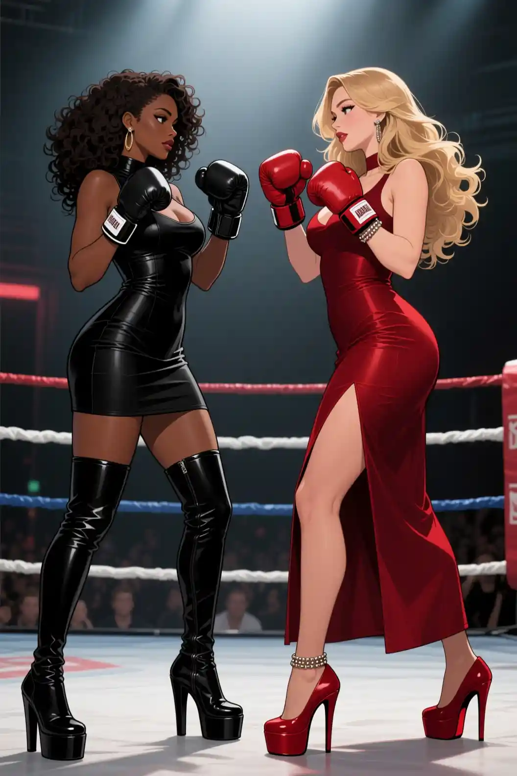 Two anime women boxing on a ring in dramatic standoff
