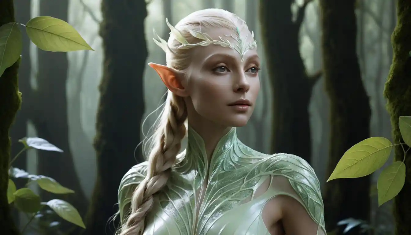 Ethereal latex elf figure with luminous pearlescent body