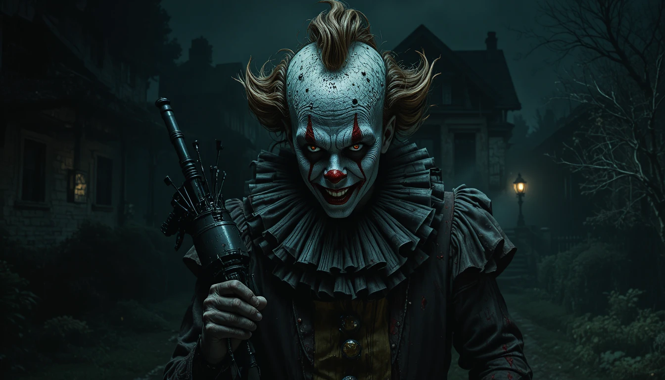 Terrifying clown emerging from darkness in a decaying room