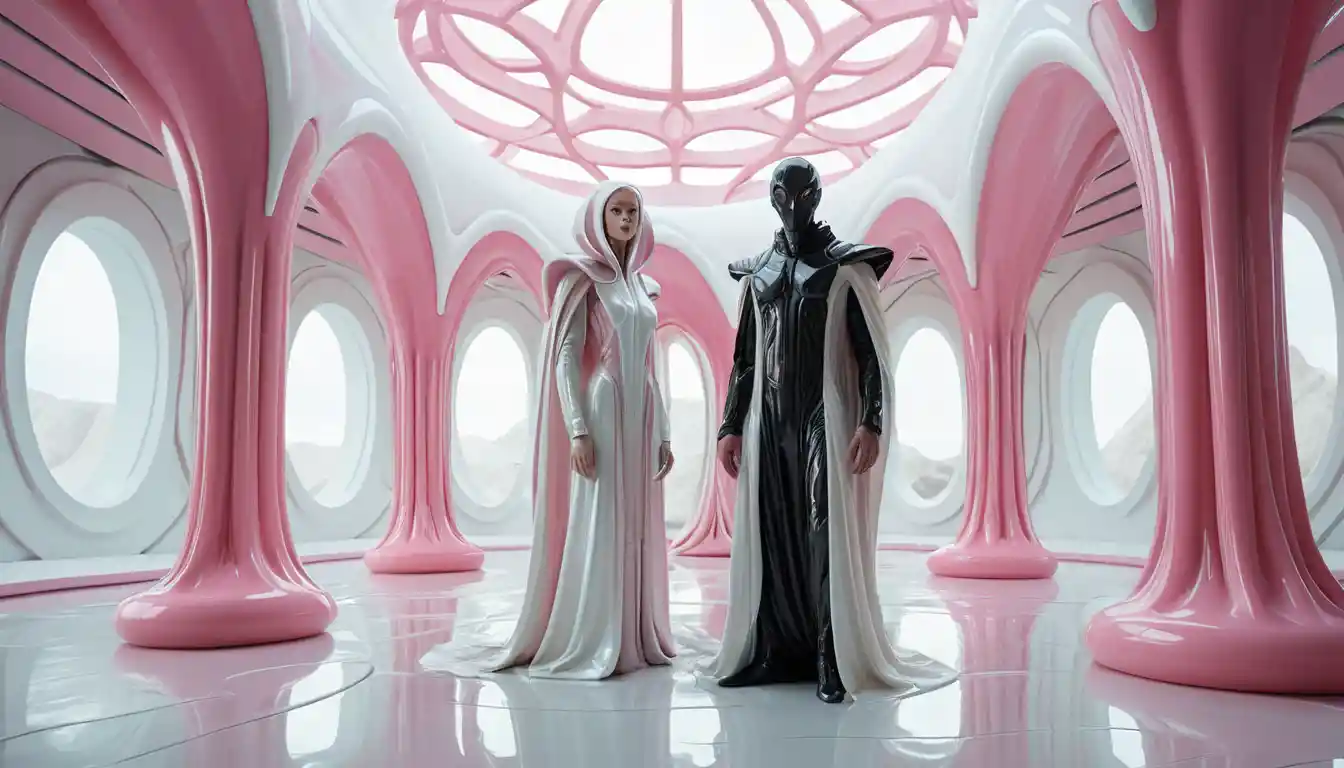 Alien judge in a biomorphic latex courtroom interior