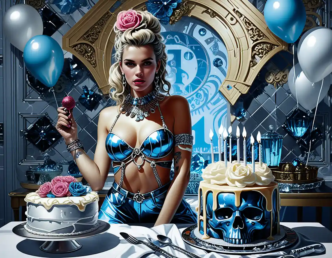 Fantasy birthday portrait with neon balloons and cake
