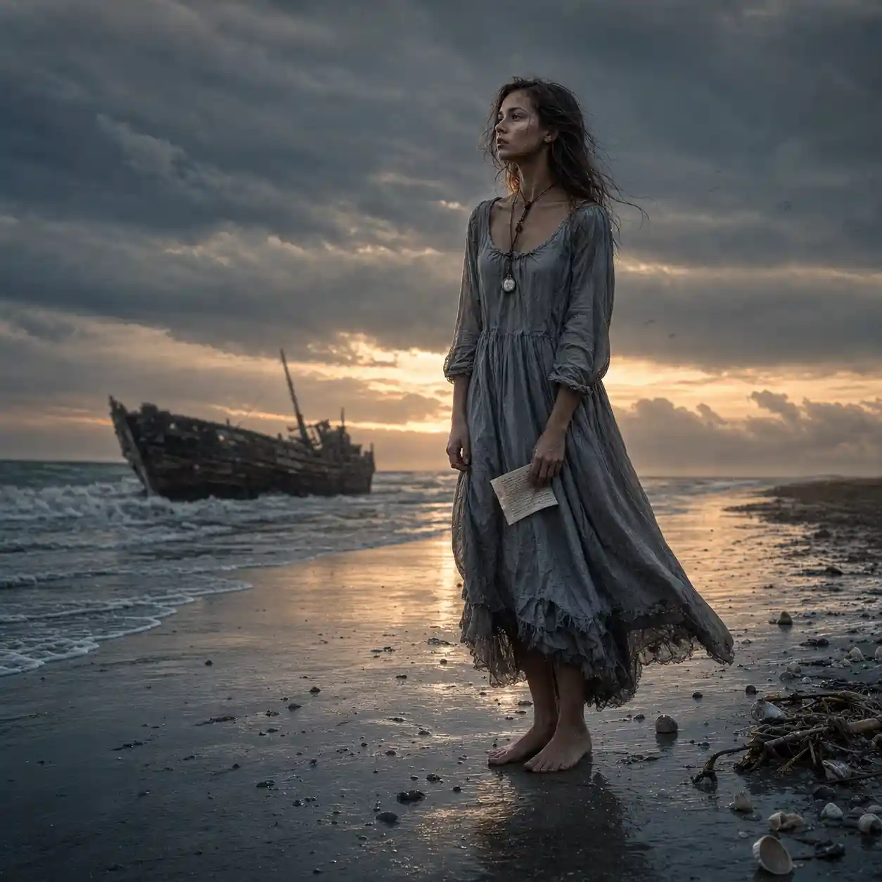 Young woman with love letter on a lonely dusk beach