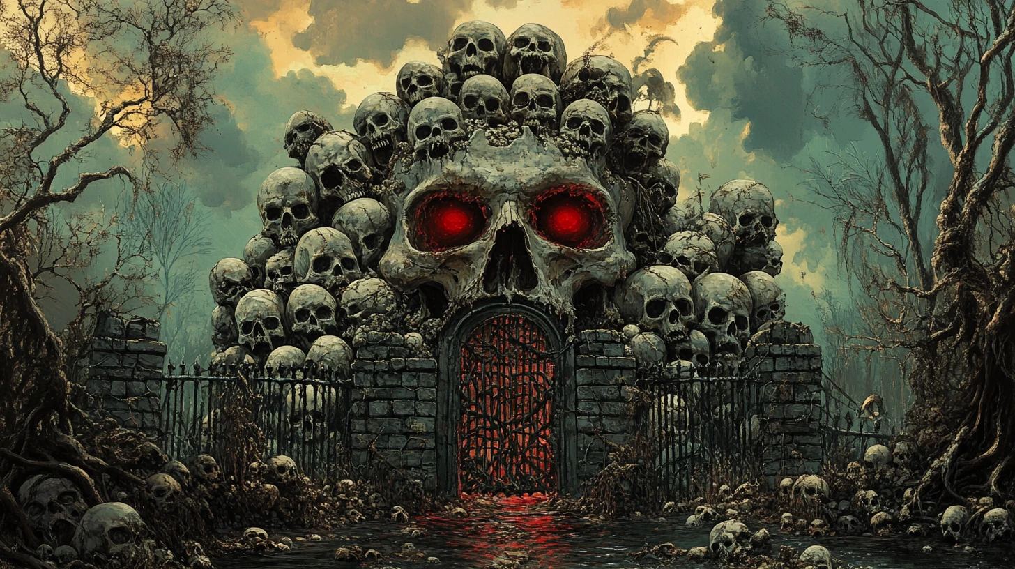 Surreal haunted mansion built from countless human skulls