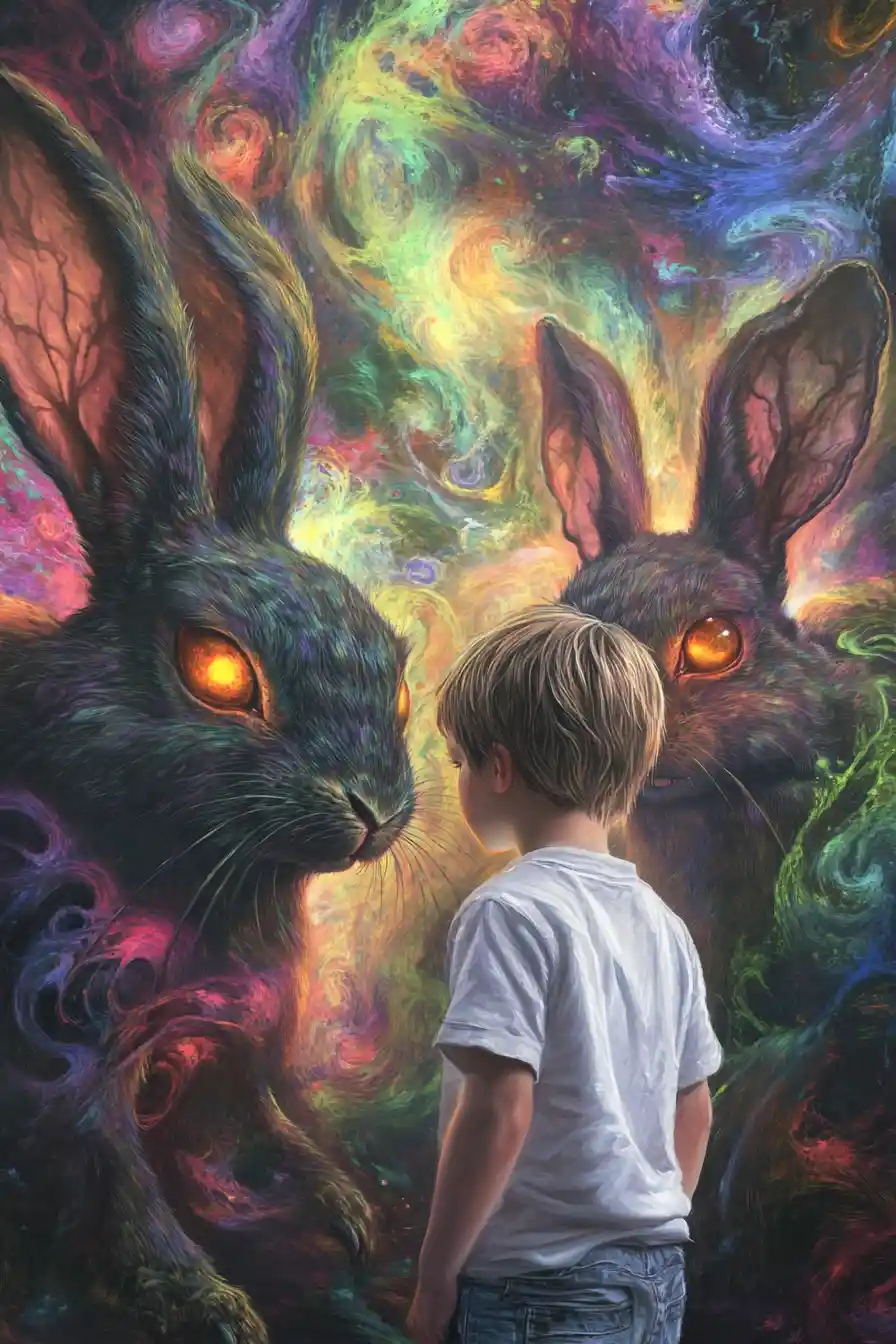 Frightened Boy Facing Giant Rabbits In Cosmic Void