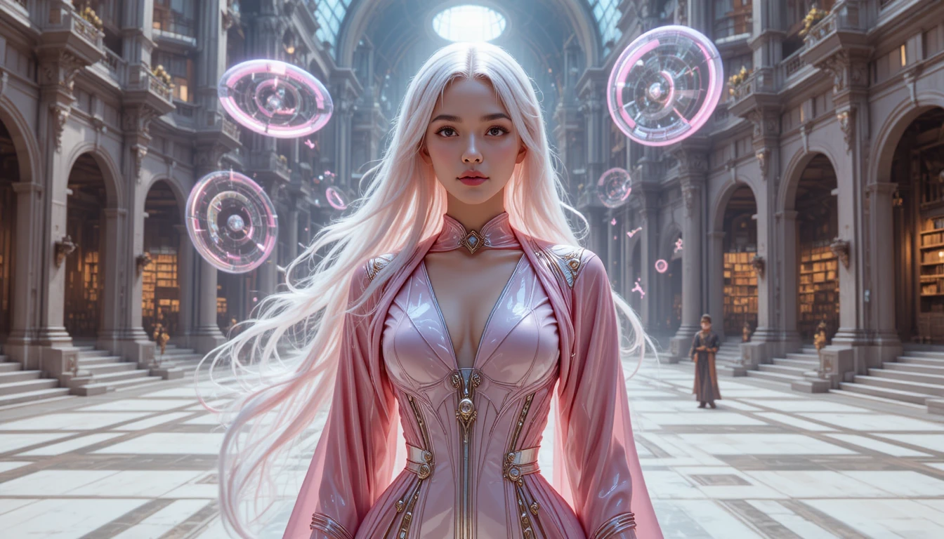 Serene scholar in latex robes within a futuristic archive plaza