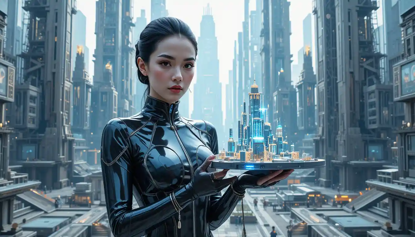 Futuristic architect holding a glowing floating city model