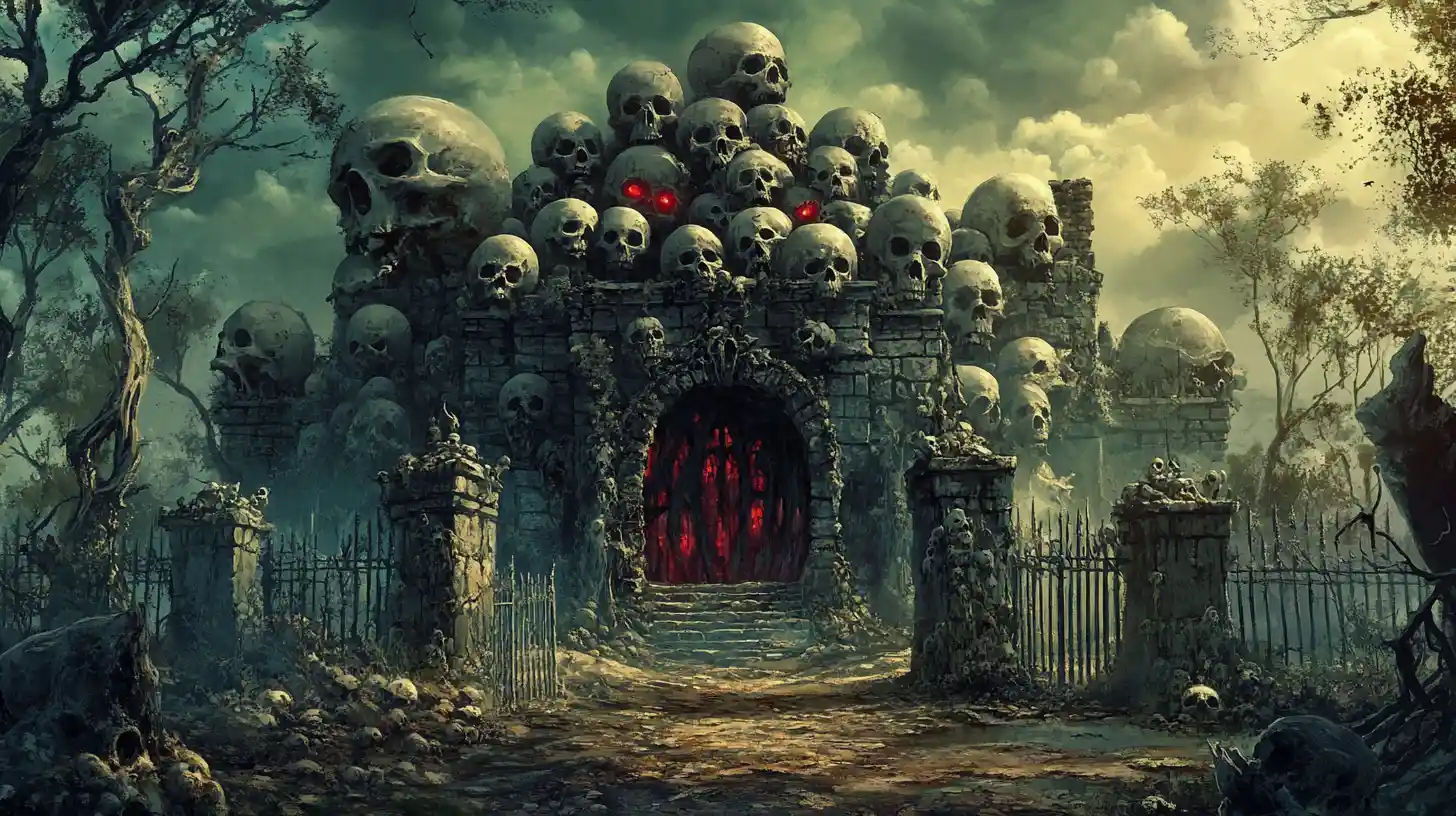 Surreal haunted mansion of skulls in a nightmarish forest