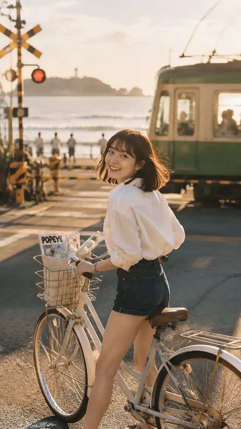 Smiling girl on bicycle at seaside road sunset